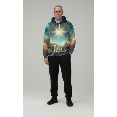 Pull à Capuche Jésus et Croix Lumineuse | Vêtement Chrétien Céleste