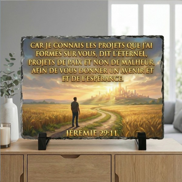 Plaque en Ardoise Naturelle Jérémie 29:11 – Décoration Chrétienne avec Support