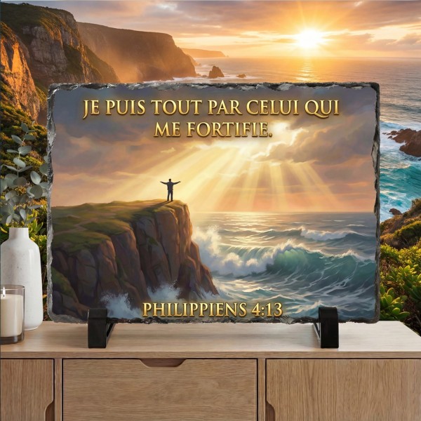 Plaque en Ardoise Naturelle Philippiens 4:13 – Décoration Chrétienne avec Support