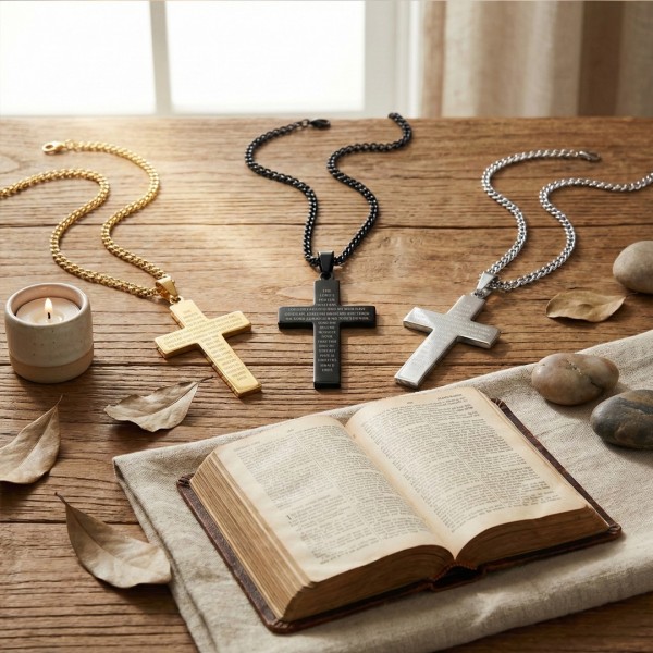 Collier avec Pendentif Croix Texturée - Acier Inoxydable
