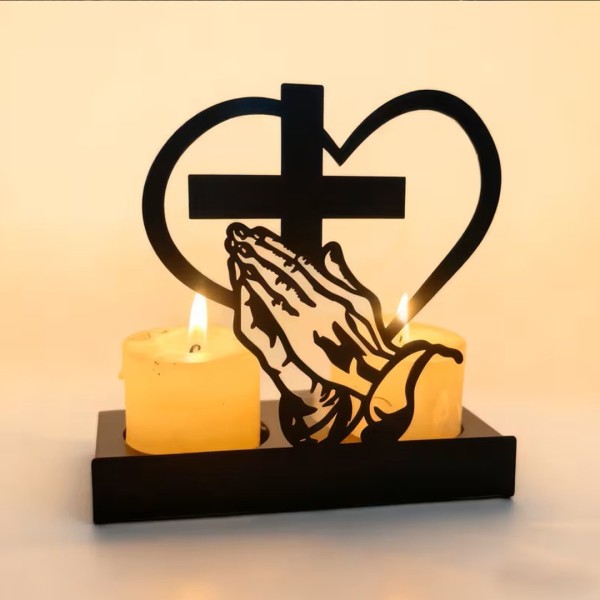 Bougeoir Chrétien en Métal - Motif Croix, Cœur et Mains en Prière