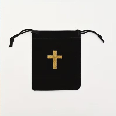 Pochette Cadeau Velours Noir Croix Dorée | Une Parole d'Amour
