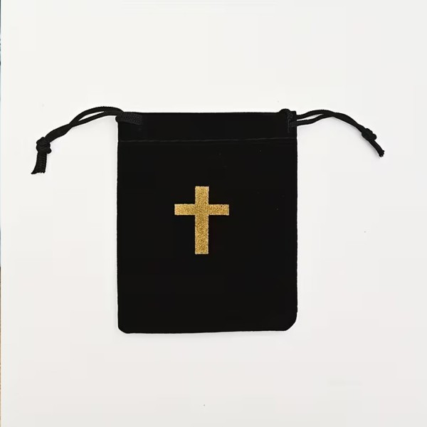 Pochette Cadeau Chrétienne en Velours Noir - Écrin avec Croix Dorée pour Bijoux et Chapelets
