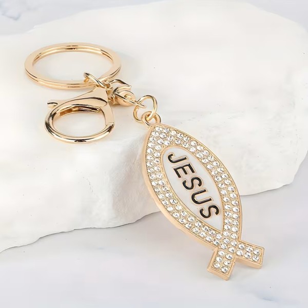 Porte-clés Chrétien Doré - Symbole Poisson Ichthys & Inscription Jésus avec Strass
