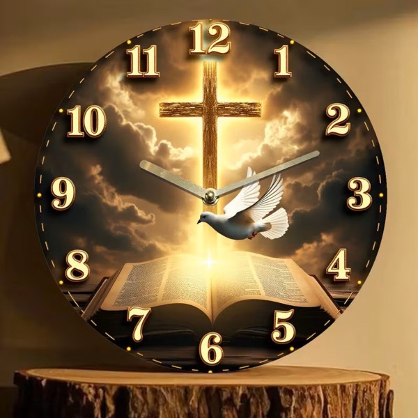 Horloge Murale Chrétienne - Croix, Colombe et Bible (Acrylique 20 cm)
