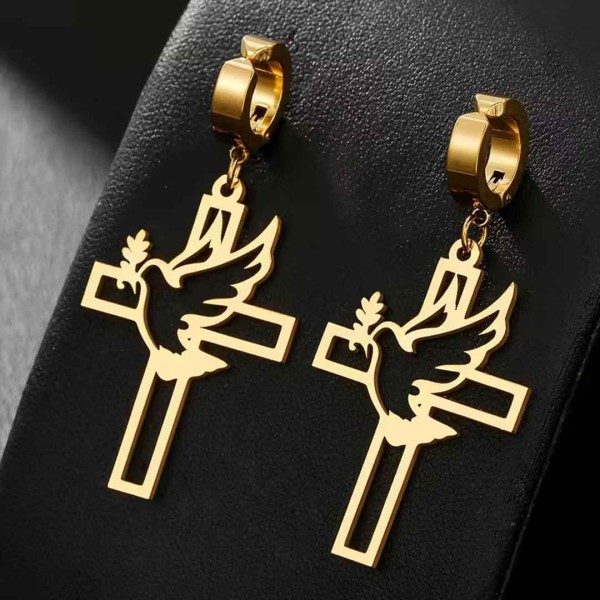 Boucles d'Oreilles Chrétiennes Croix et Colombe - Acier Inoxydable (Clip Sans Perçage)