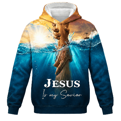 Pull à Capuche Jesus Is My Savior | Vêtement Chrétien Océan et Soleil
