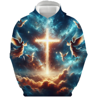 Pull à Capuche Croix et Anges Célestes | Vêtement Chrétien Cosmique
