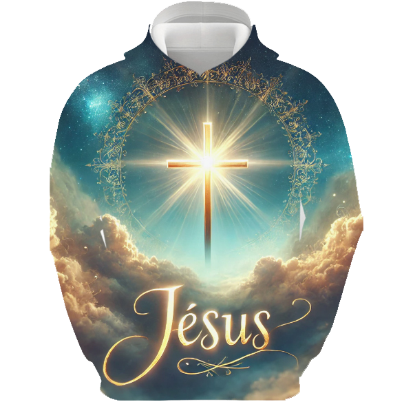 Pull à Capuche « Jésus » | Croix Rayonnante & Nuages Célestes